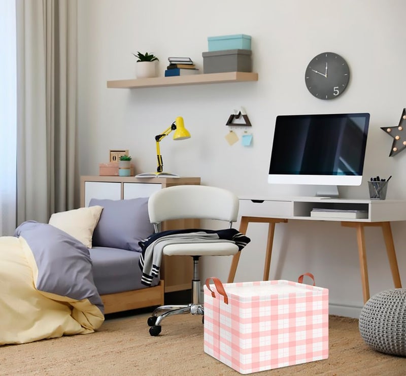 CLOCOR Rectangular Storage Basket,Collapsible Cute Pattern Storage Bin,Waterproof Books Box with Handles,Gift Basket(Pink Grid) - Image 2